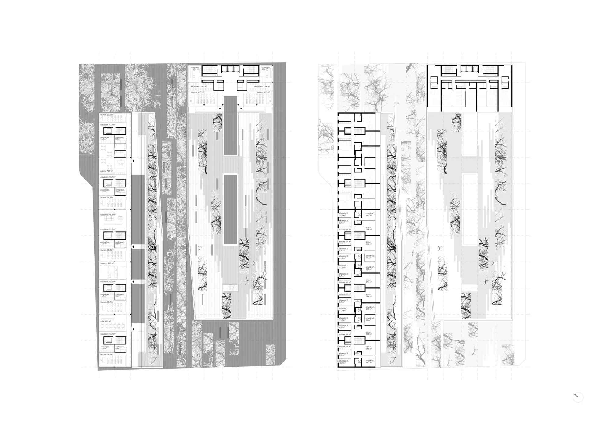 Upper ground floor and housing level plans Philippe Meyer Architecte - Logements