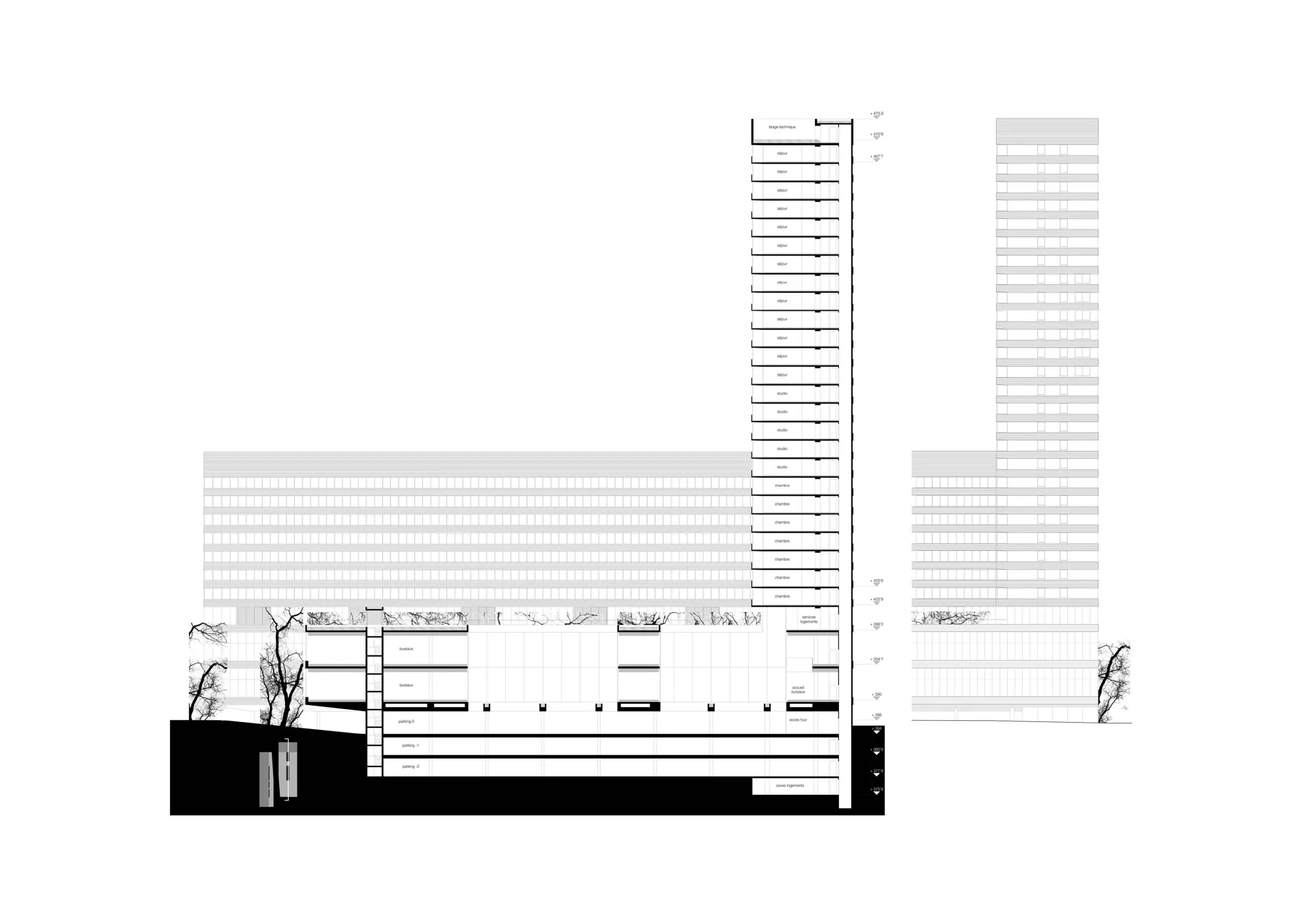 Section and South-East elevation Philippe Meyer Architecte - Logements