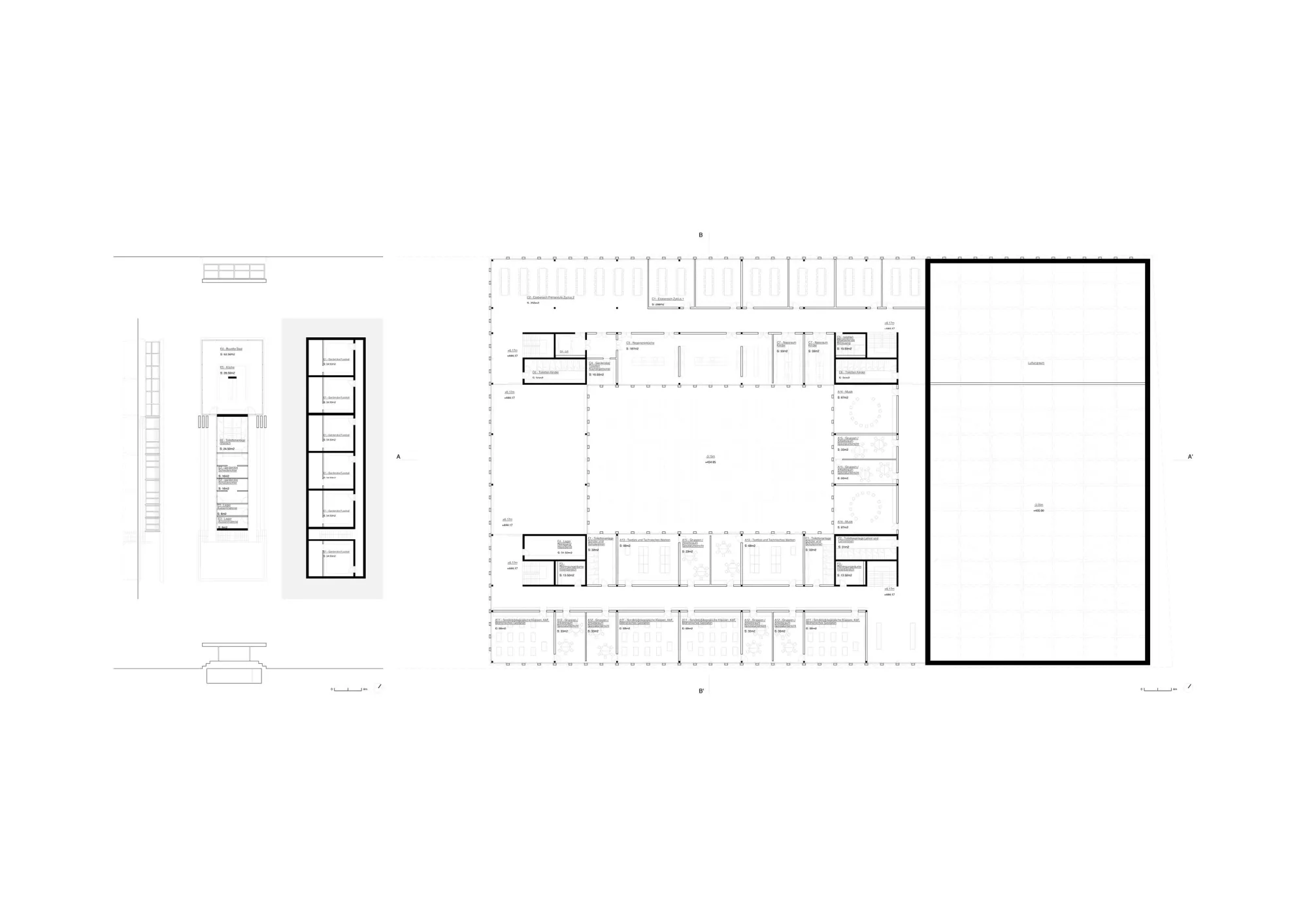 Second floor plan and football club plan and section Philippe Meyer Architecte - Complexe scolaire