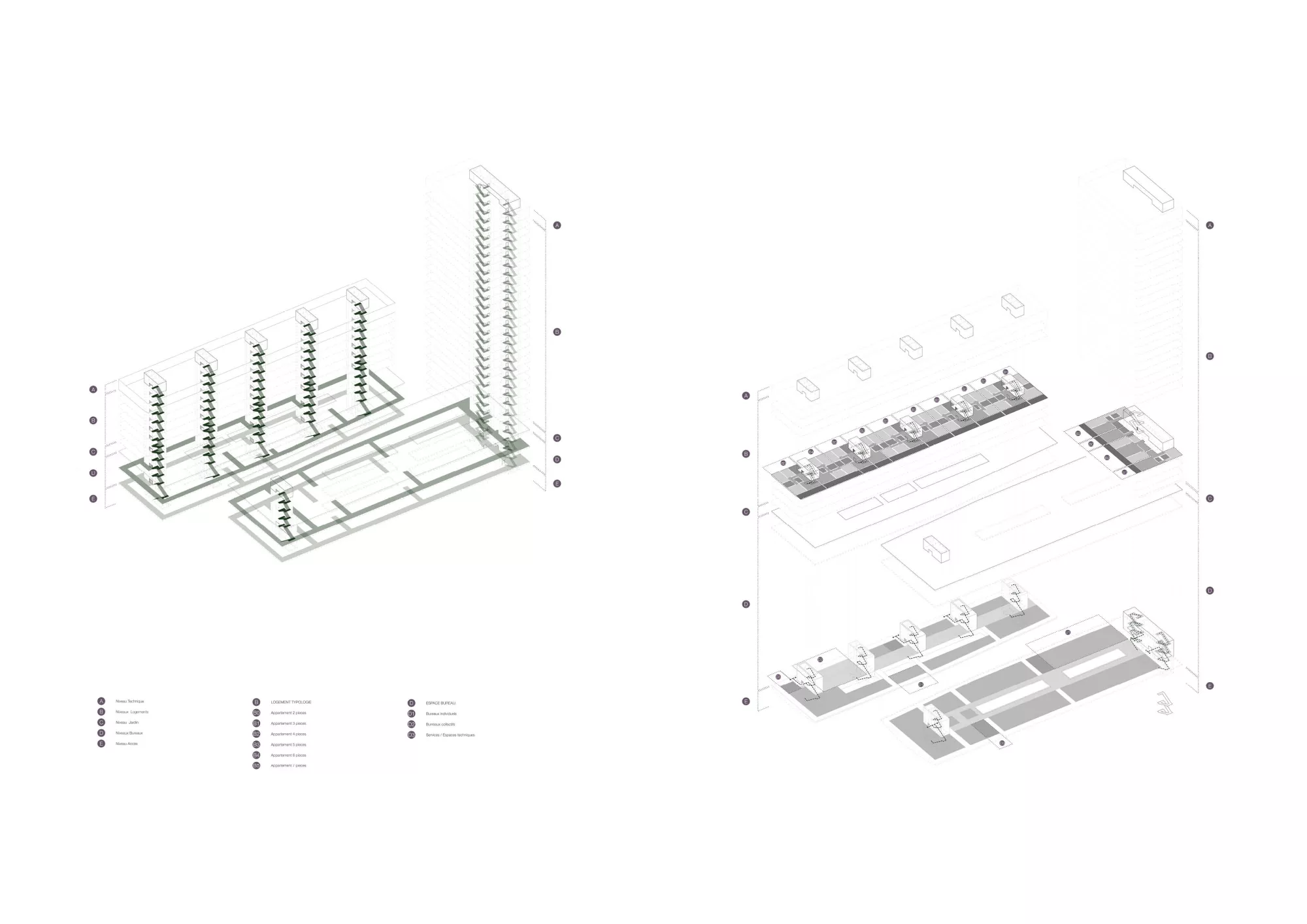 Circulation and typology diagrams Philippe Meyer Architecte - Logements