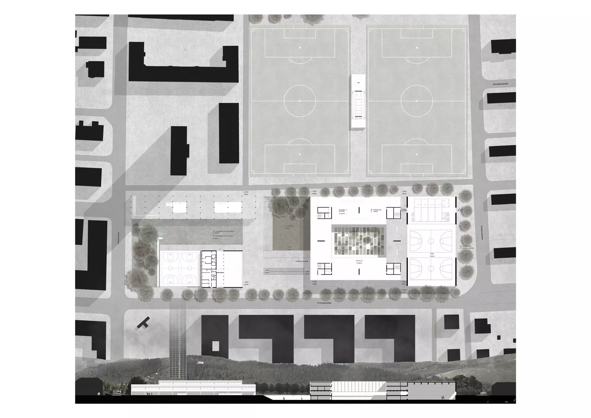 Ground floor plan and section Philippe Meyer Architecte - Complexe scolaire
