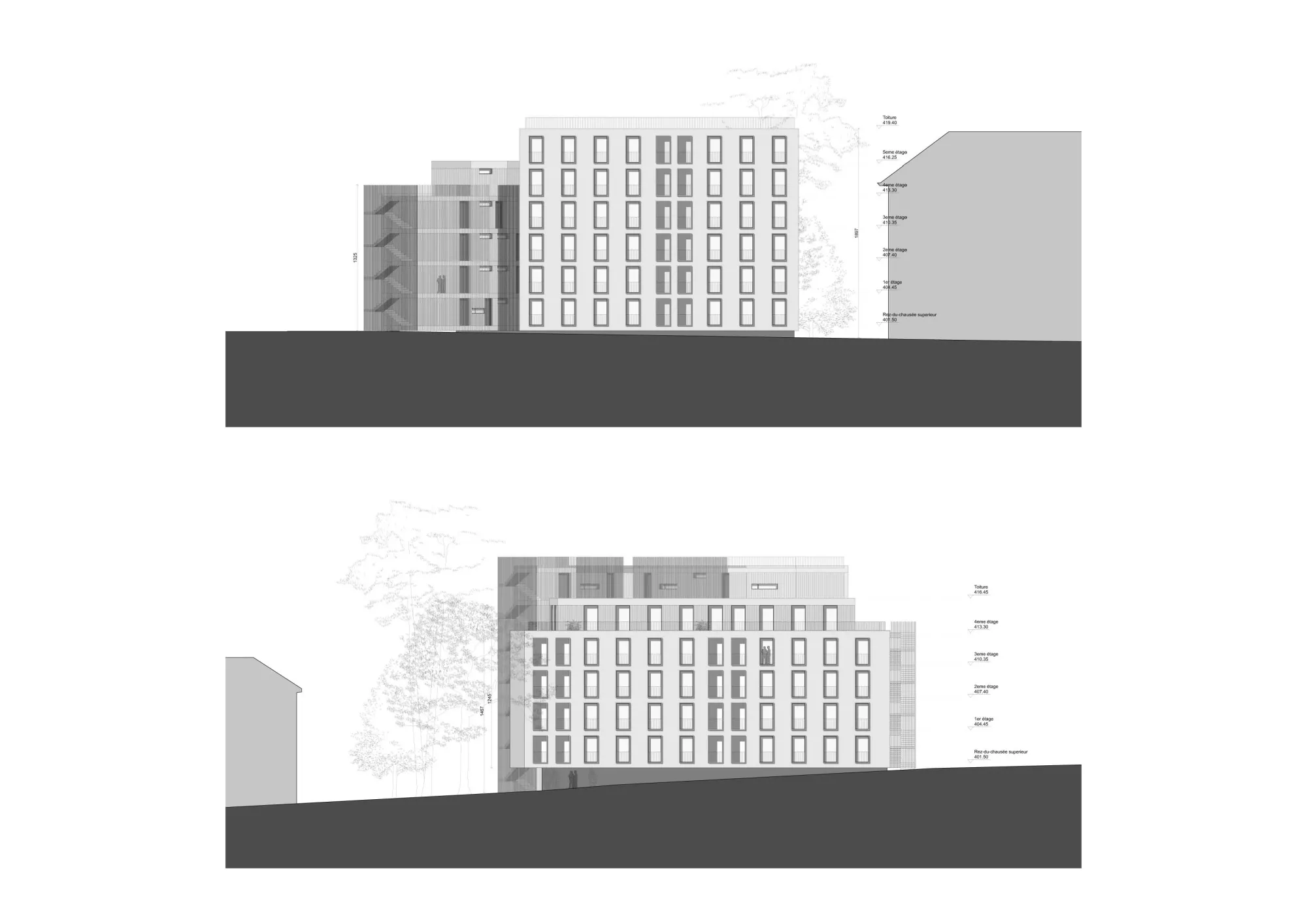 North-West and North-East facades Philippe Meyer Architecte - Immeuble d'habitation La part du vide