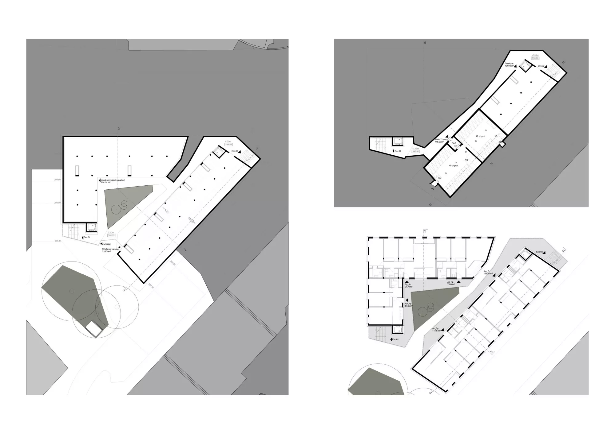 Lower ground floor, basement, first and second floor plans Philippe Meyer Architecte - Immeuble d'habitation La part du vide