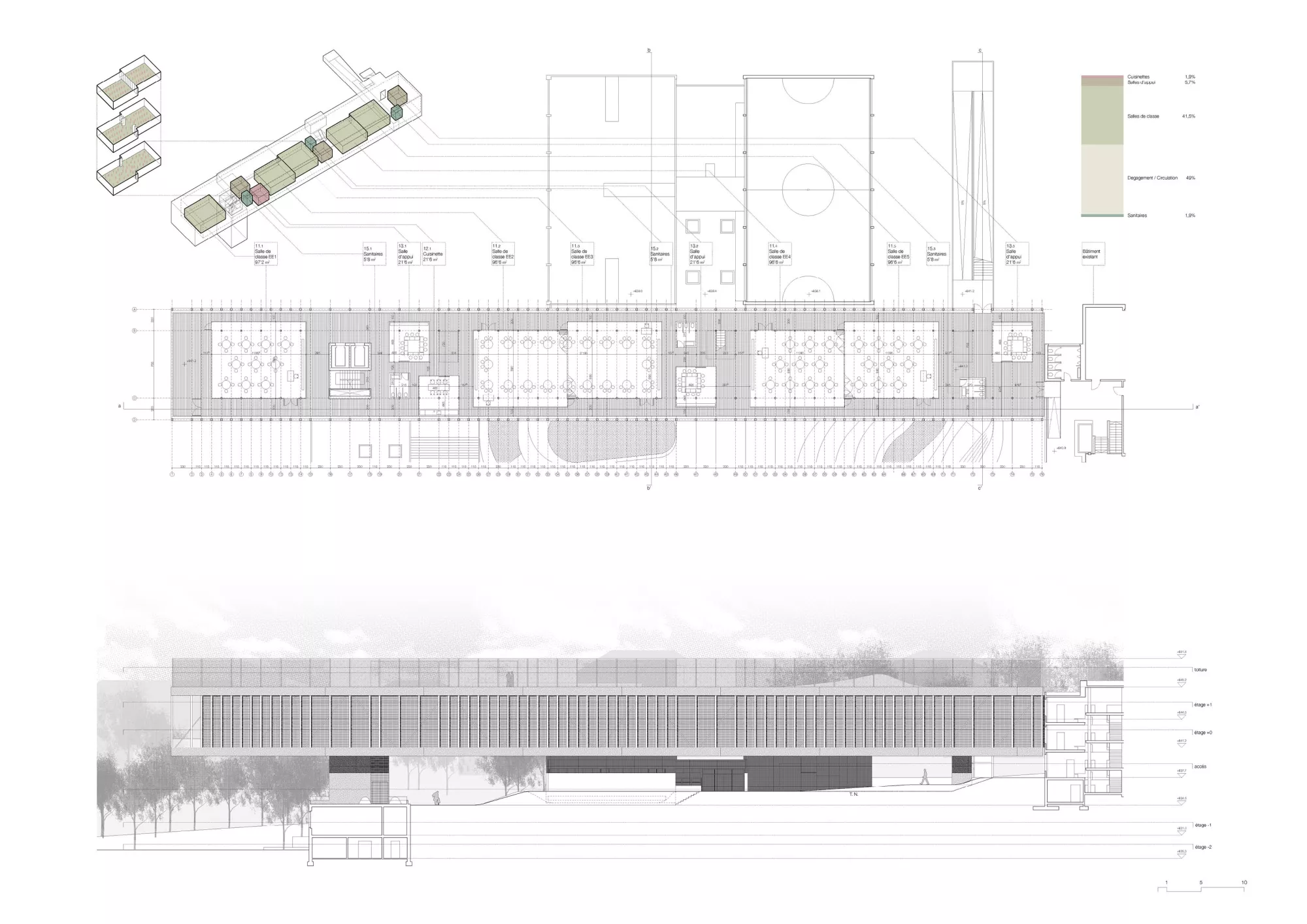 Ground floor plan and North courtyard elevation Philippe Meyer Architecte - Extension d'une école primaire