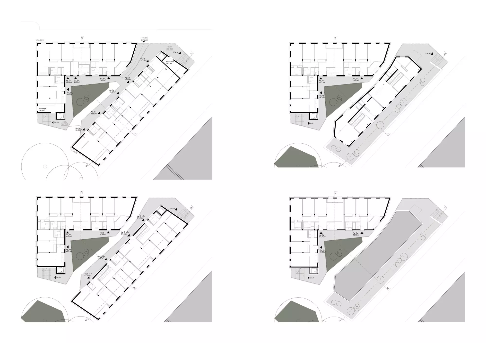 Upper ground floor, third, fourth, and fifth floor plans Philippe Meyer Architecte - Immeuble d'habitation La part du vide