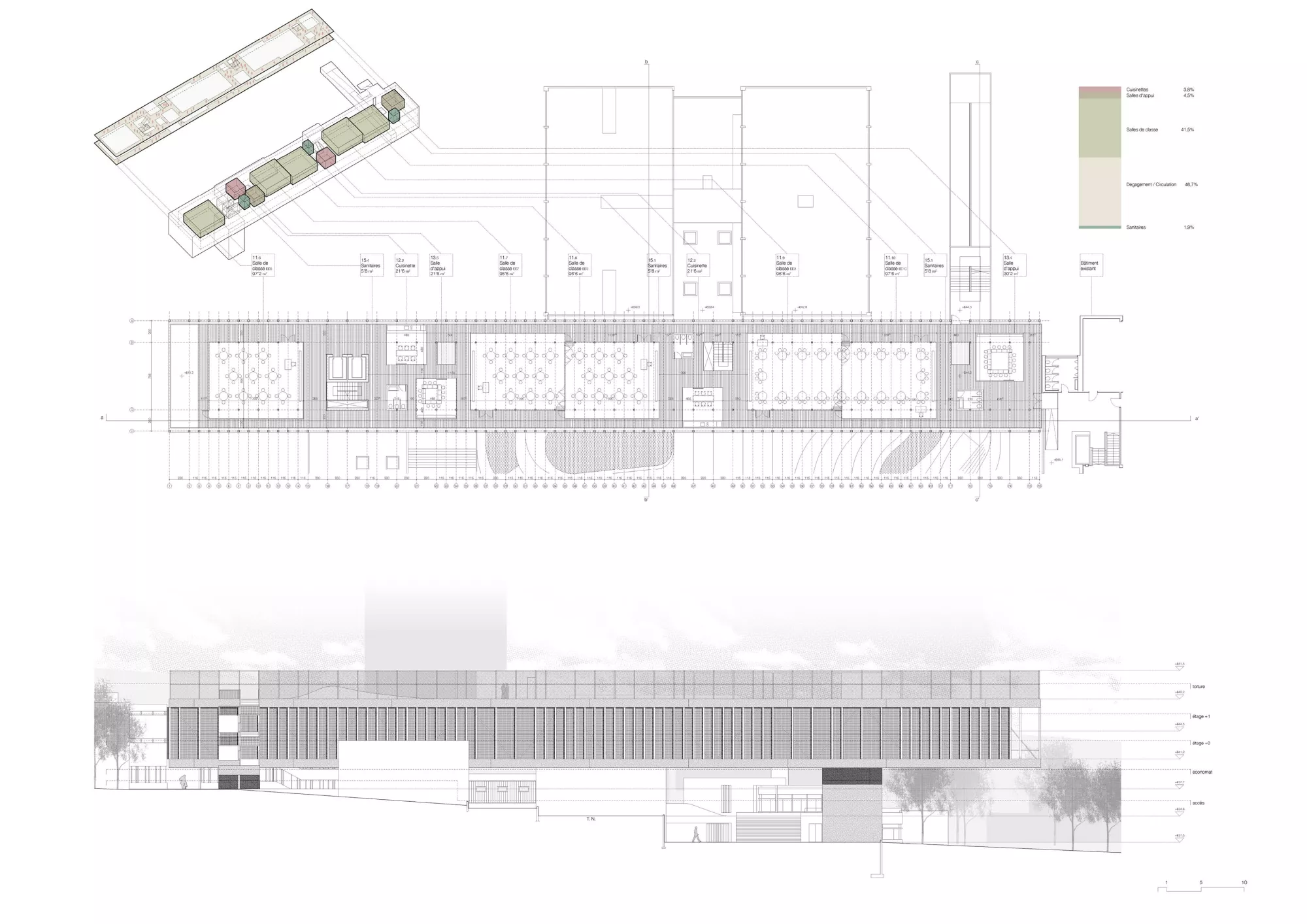 Upper floor plan and North street elevations Philippe Meyer Architecte - Extension d'une école primaire